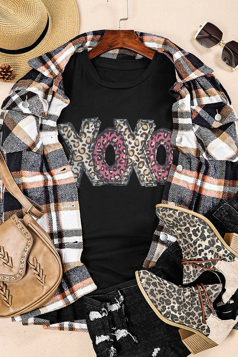 Black Xoxo Leopard Letter Print T Shirt
