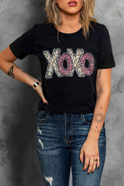 Black Xoxo Leopard Letter Print T Shirt
