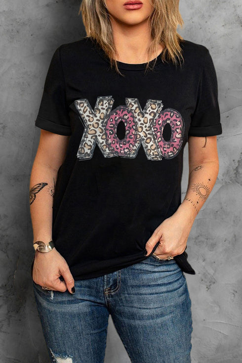 Black Xoxo Leopard Letter Print T Shirt
