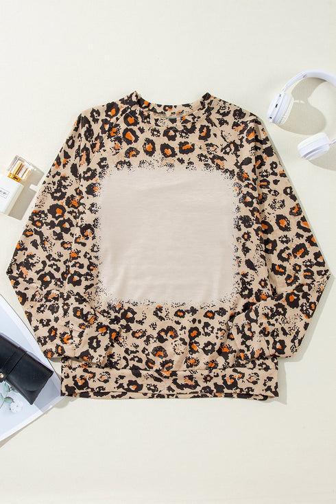 Bleached Effect Animal Print Raglan Pullover Sweatshirt
