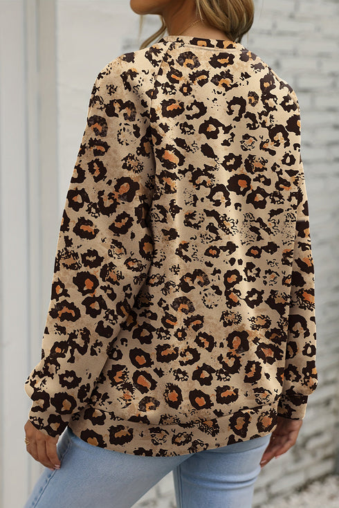 Bleached Effect Animal Print Raglan Pullover Sweatshirt