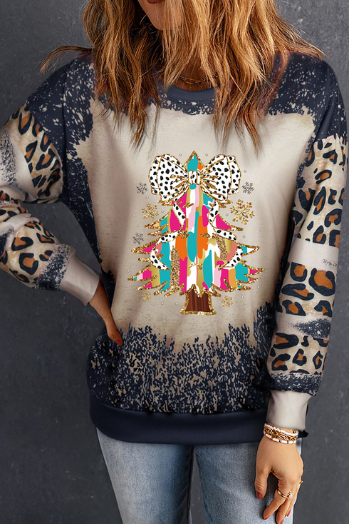 Bleached Leopard Bow Graphic Print Pullover Sweatshirt