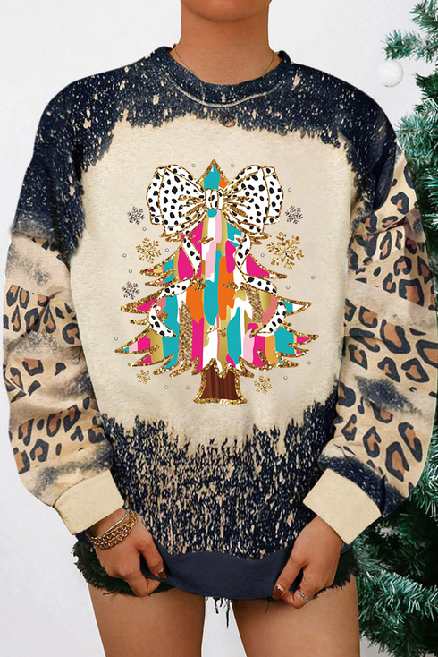 Bleached Leopard Bow Graphic Print Pullover Sweatshirt