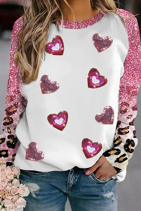 Bleached Leopard Print Sequin Heart Graphic Long Sleeve Tee