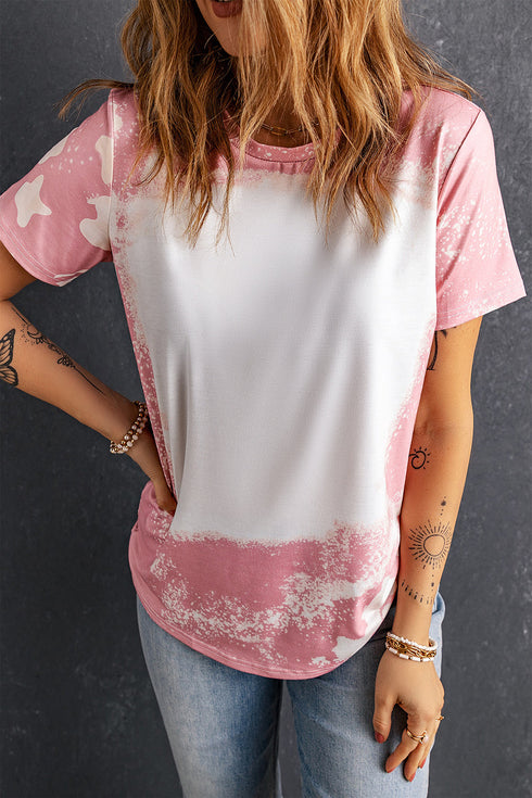 Bleached Wash Abstract Print Short Sleeve T Shirt