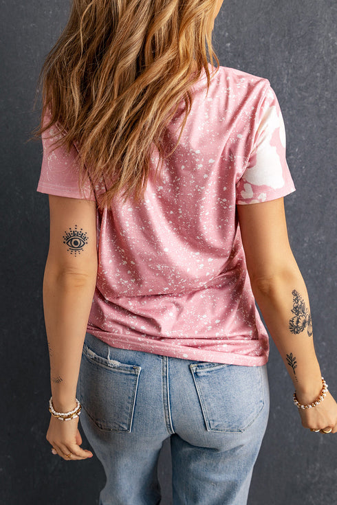 Bleached Wash Abstract Print Short Sleeve T Shirt