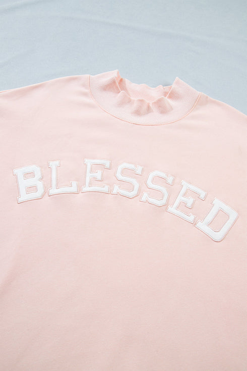 Blessed Embroidered Trim Patch Graphic Mock Neck Sweatshirt