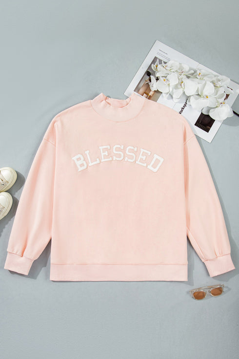 Blessed Embroidered Trim Patch Graphic Mock Neck Sweatshirt