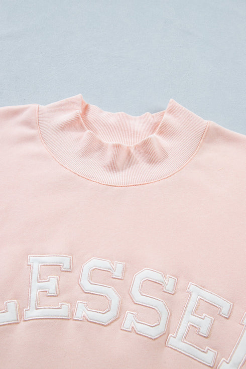 Blessed Embroidered Trim Patch Graphic Mock Neck Sweatshirt