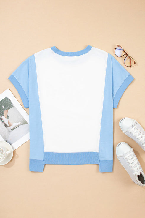 Blocked Pattern Exposed Seam Relaxed Cotton Blend Tee