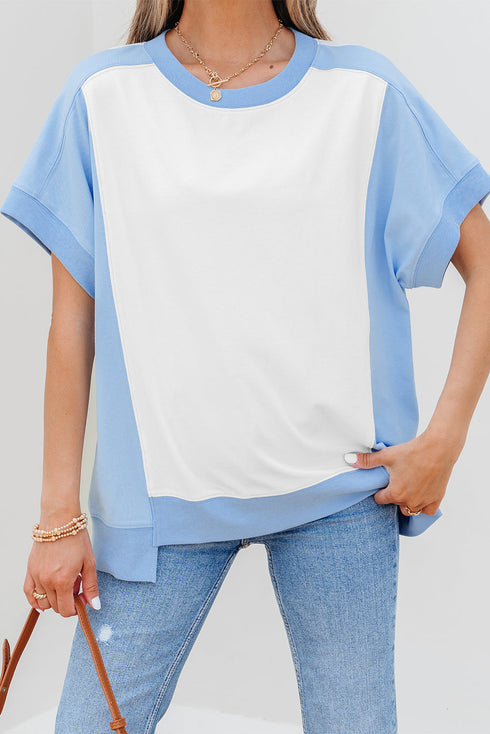 Blocked Pattern Exposed Seam Relaxed Cotton Blend Tee