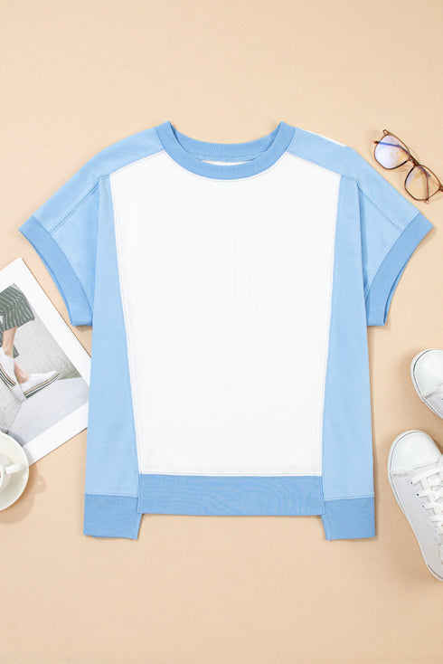 Blocked Pattern Exposed Seam Relaxed Cotton Blend Tee