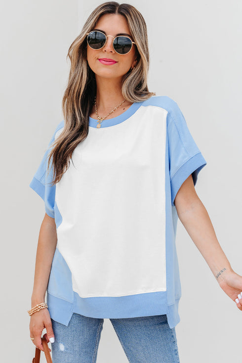 Blocked Pattern Exposed Seam Relaxed Cotton Blend Tee