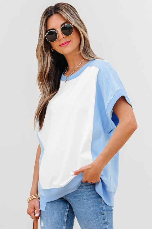 Blocked Pattern Exposed Seam Relaxed Cotton Blend Tee