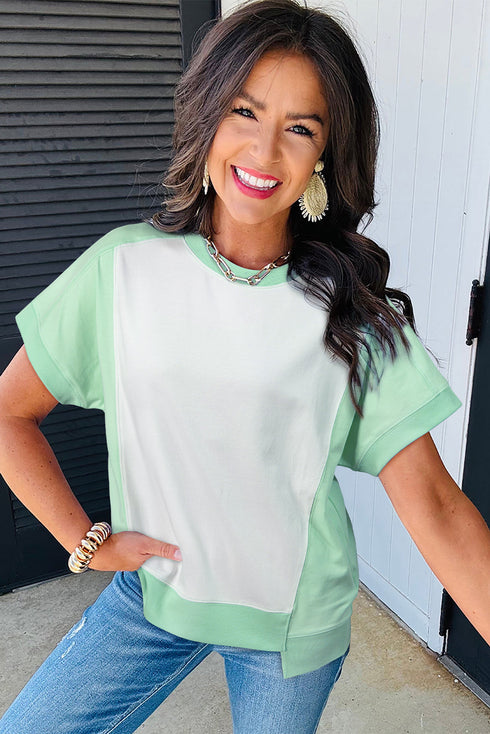 Blocked Pattern Exposed Seam Relaxed Cotton Blend Tee
