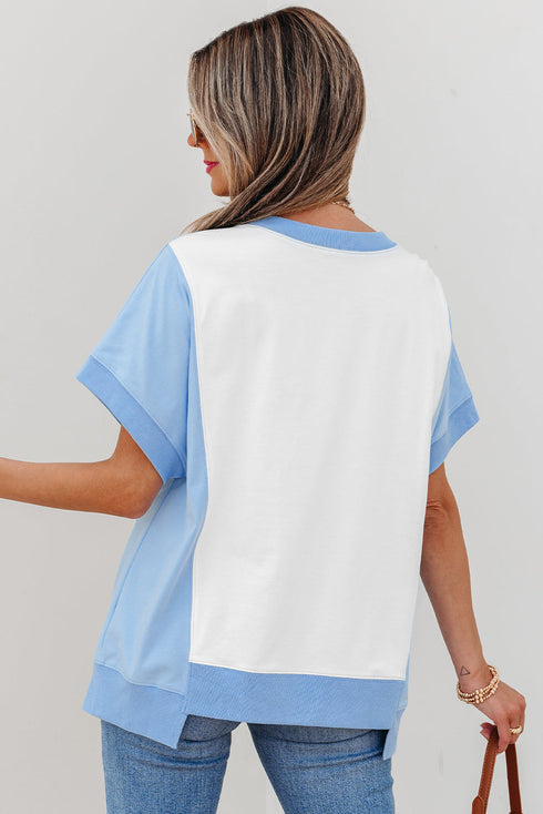 Blocked Pattern Exposed Seam Relaxed Cotton Blend Tee