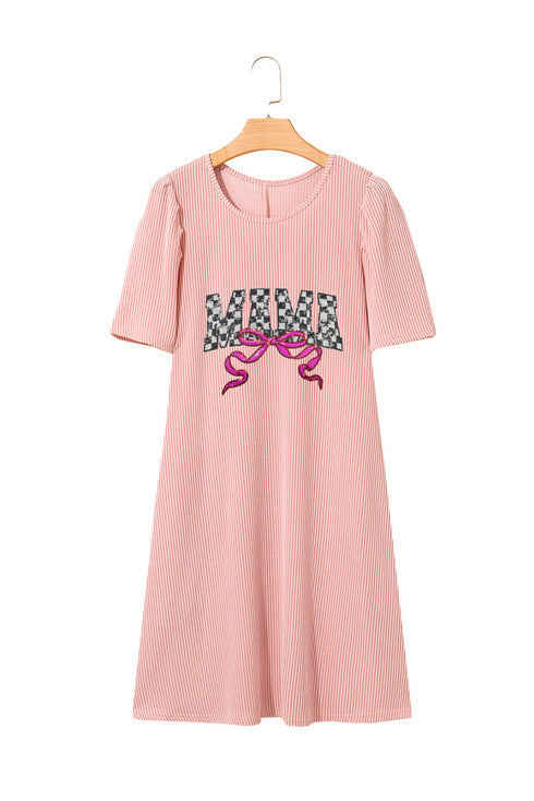 Blossom MAMA Bow Patched Graphic Puff Sleeve Corded Mini Dress