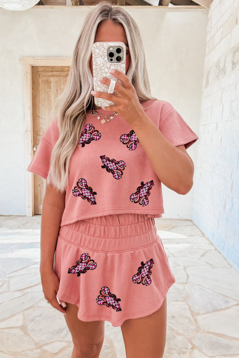 Blossom Sequined Lobster Patched Crop Tee and High Waist Short Set