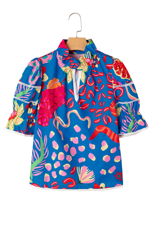 Blue Abstract Print Frilled Collar Ruffled Puff Short Sleeve Top