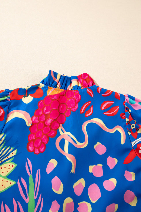 Blue Abstract Print Frilled Collar Ruffled Puff Short Sleeve Top