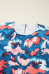 Blue Abstract Print Shirred Ruffled Short Sleeve Tiered Plus Size Mini Dress