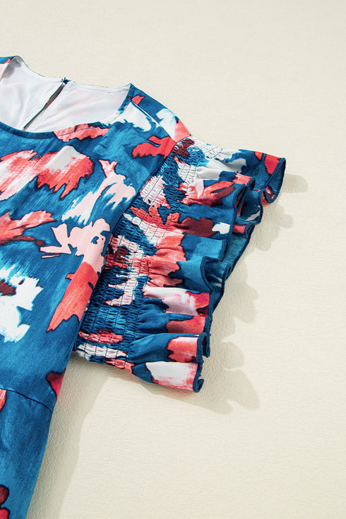 Blue Abstract Print Shirred Ruffled Short Sleeve Tiered Plus Size Mini Dress