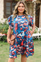 Blue Abstract Print Shirred Ruffled Short Sleeve Tiered Plus Size Mini Dress