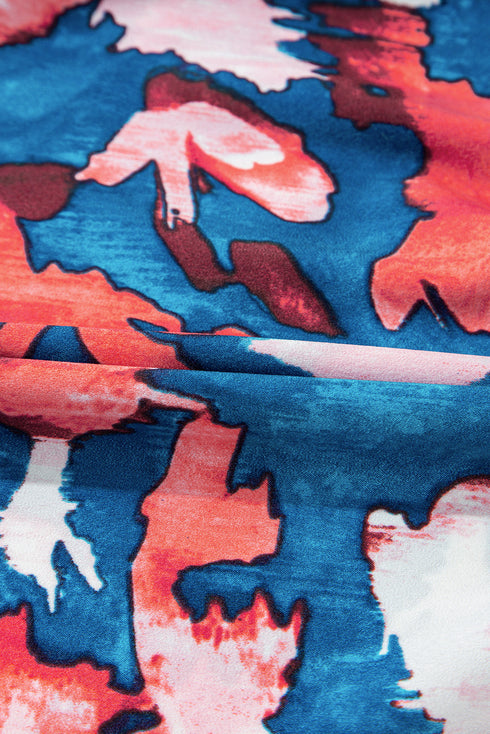 Blue Abstract Print Shirred Ruffled Short Sleeve Tiered Plus Size Mini Dress