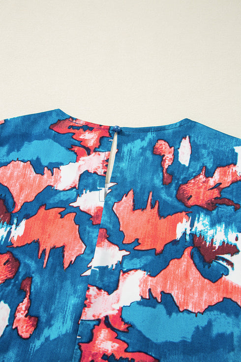 Blue Abstract Print Shirred Ruffled Short Sleeve Tiered Plus Size Mini Dress