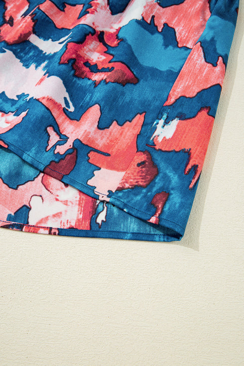 Blue Abstract Print Shirred Ruffled Short Sleeve Tiered Plus Size Mini Dress