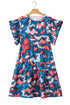 Blue Abstract Print Shirred Ruffled Short Sleeve Tiered Plus Size Mini Dress