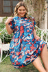 Blue Abstract Print Shirred Ruffled Short Sleeve Tiered Plus Size Mini Dress