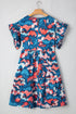 Blue Abstract Print Shirred Ruffled Short Sleeve Tiered Plus Size Mini Dress