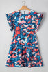 Blue Abstract Print Shirred Ruffled Short Sleeve Tiered Plus Size Mini Dress
