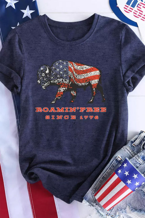 Blue American Flag Ox Graphic Print Short Sleeve T Shirt