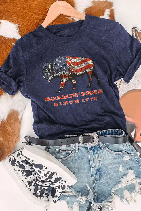 Blue American Flag Ox Graphic Print Short Sleeve T Shirt