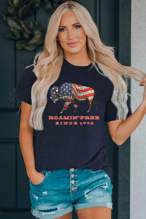 Blue American Flag Ox Graphic Print Short Sleeve T Shirt