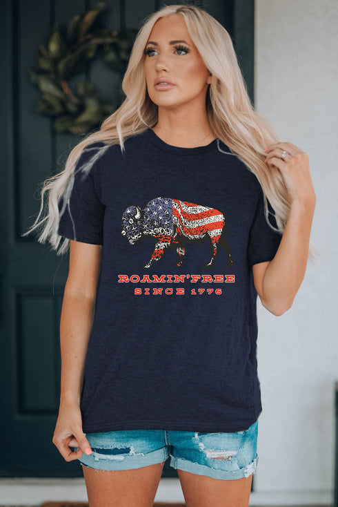 Blue American Flag Ox Graphic Print Short Sleeve T Shirt