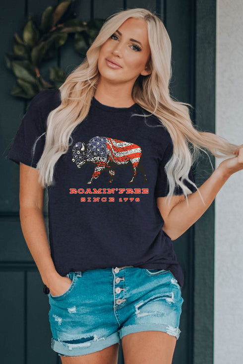 Blue American Flag Ox Graphic Print Short Sleeve T Shirt