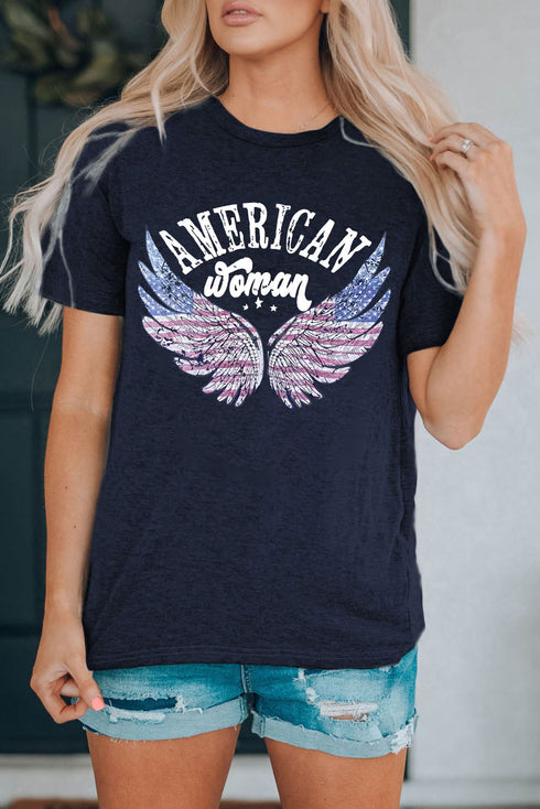 Blue American Woman Eagle Wing Flag Graphic Tee