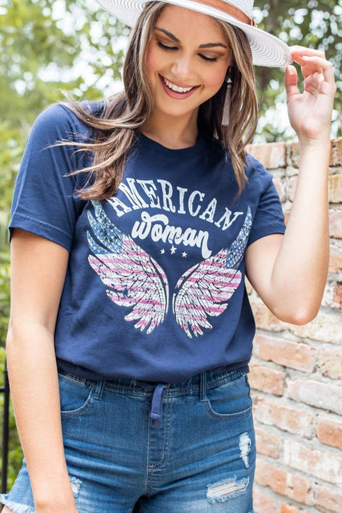 Blue American Woman Eagle Wing Flag Graphic Tee