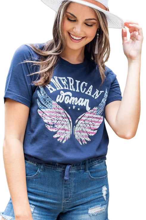 Blue American Woman Eagle Wing Flag Graphic Tee
