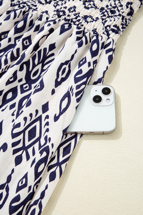 Blue Boho Geometric Print Shirred High Waist Wide Leg Jumpsuit