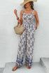 Blue Boho Geometric Print Shirred High Waist Wide Leg Jumpsuit