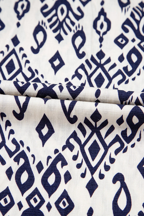 Blue Boho Geometric Print Shirred High Waist Wide Leg Jumpsuit