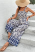 Blue Boho Geometric Print Shirred High Waist Wide Leg Jumpsuit