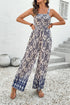 Blue Boho Geometric Print Shirred High Waist Wide Leg Jumpsuit