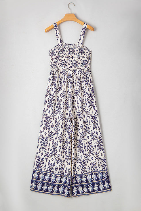 Blue Boho Geometric Print Shirred High Waist Wide Leg Jumpsuit