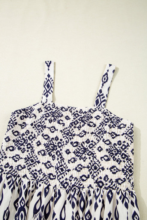 Blue Boho Geometric Print Shirred High Waist Wide Leg Jumpsuit