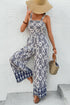 Blue Boho Geometric Print Shirred High Waist Wide Leg Jumpsuit